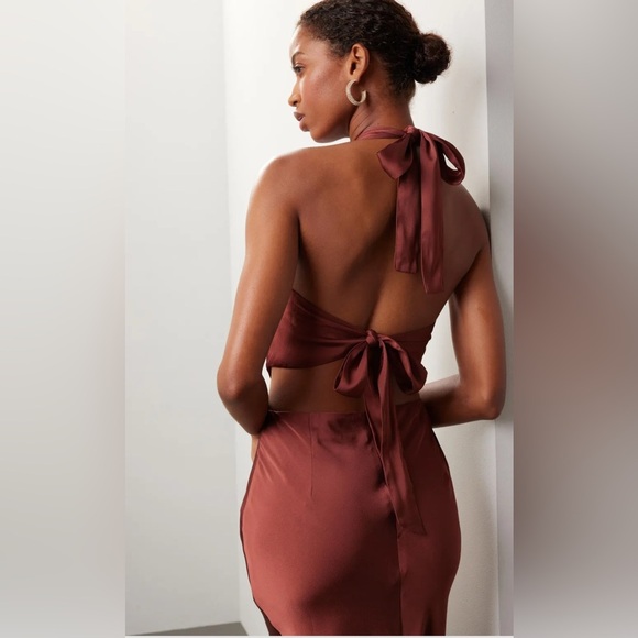 MINK PINK  FINLAY HALTER GOWN WITH SPLIT CLAY color, size Small NWT - Picture 5 of 14